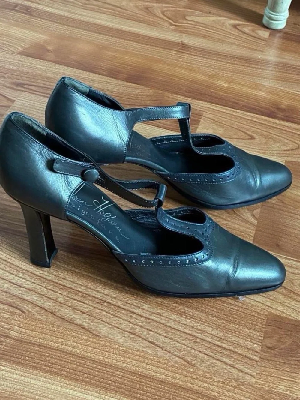 Vintage grey Leather T-Strap Heels